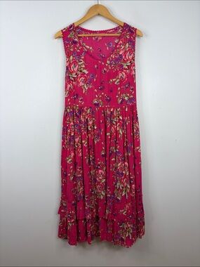 April Cornell Dress Womens Medium Pink Sleeveless Scoop Neck Maxi Tier Ruffle